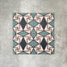 Abstrakter Iris Musterfliese im Format 20 × 20 cm, in einem wiederholten Raster verlegt, um das detailreiche geometrische Design zu zeigen. Sanfte Petrol- und Cremetöne stehen im Kontrast zu tiefblauen Rautenmotiven und feinen roten Details und ergeben ein ausdrucksstarkes, dekoratives Muster – ideal für Akzentwände, Bodenflächen oder ausdrucksstarke Küchenrückwände.