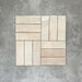 Zellige Beige Riemchenfliesen im marokkanischen Stil in warmem Beigeton, im einfachen Flechtmuster (Basketweave) verlegt.
