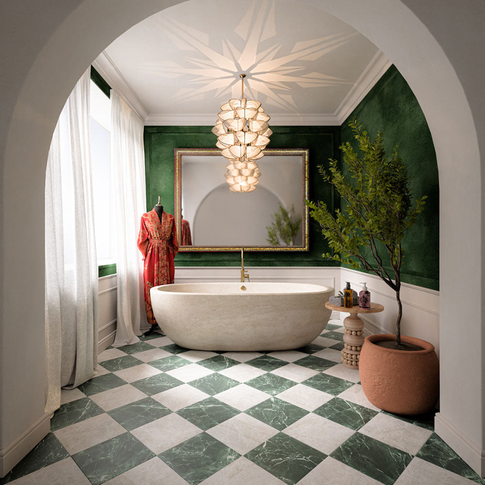Divine Taj Mahal marble-effect chequerboard tiles, combining soft ivory tones with rich green marble-effect detailing. The classic chequerboard layout creates a timeless statement floor, bringing elegance, contrast and character to both traditional and contemporary interiors.