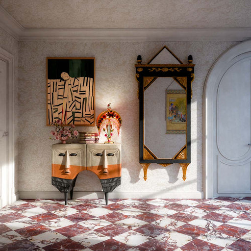 Interior featuring Divine Viola Matt 30x30cm marble-effect chequerboard floor tiles, combining rich burgundy and white tones to create a bold statement floor. Styled with eclectic furniture, ornate mirrors, decorative lighting and warm vintage-inspired décor for a luxurious, character-filled space.