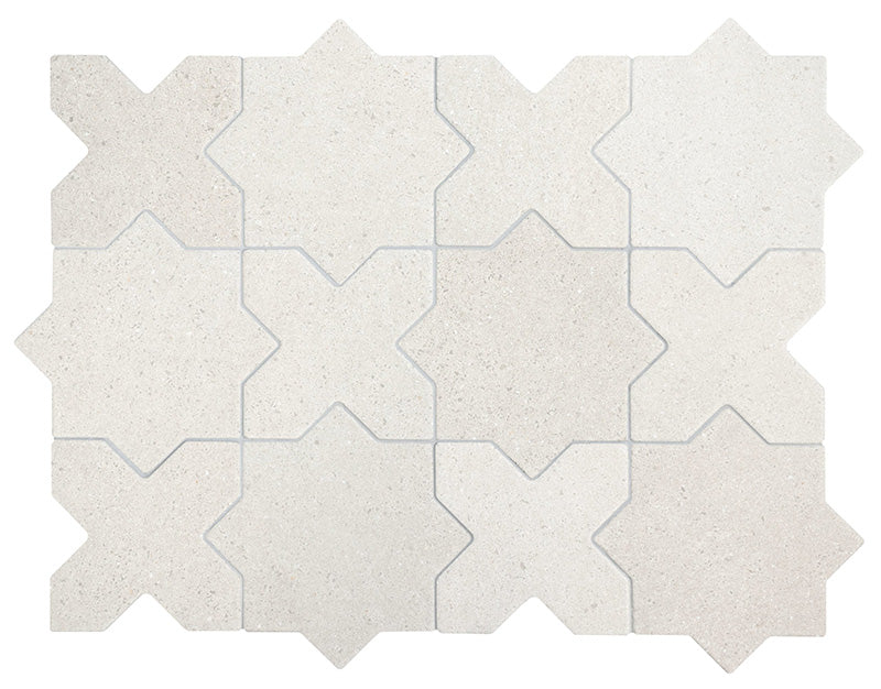Produktabbildung der Dohar Avorio Rocks Star & Cross Wand- und Bodenfliesen mit dekorativem geometrischem Design in sanften Elfenbein- und von Naturstein inspirierten Farbtönen. Die Aufnahme zeigt das charakteristische ineinandergreifende Muster sowie die dezente Oberflächenstruktur der Kollektion.