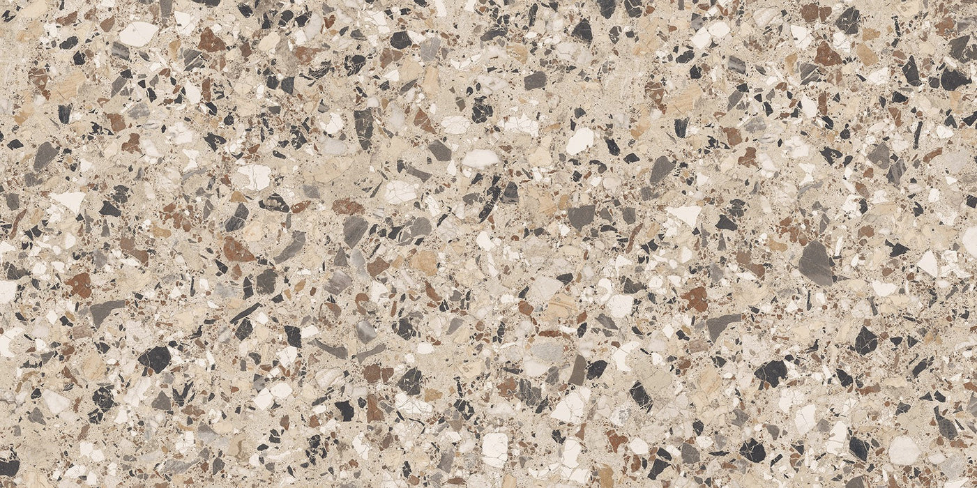 Mostră de gresie tăiată Stuzzi Dolmia plăci cu aspect clasic de terrazzo și suprafață 4D periată | 60 cm x 120 cm