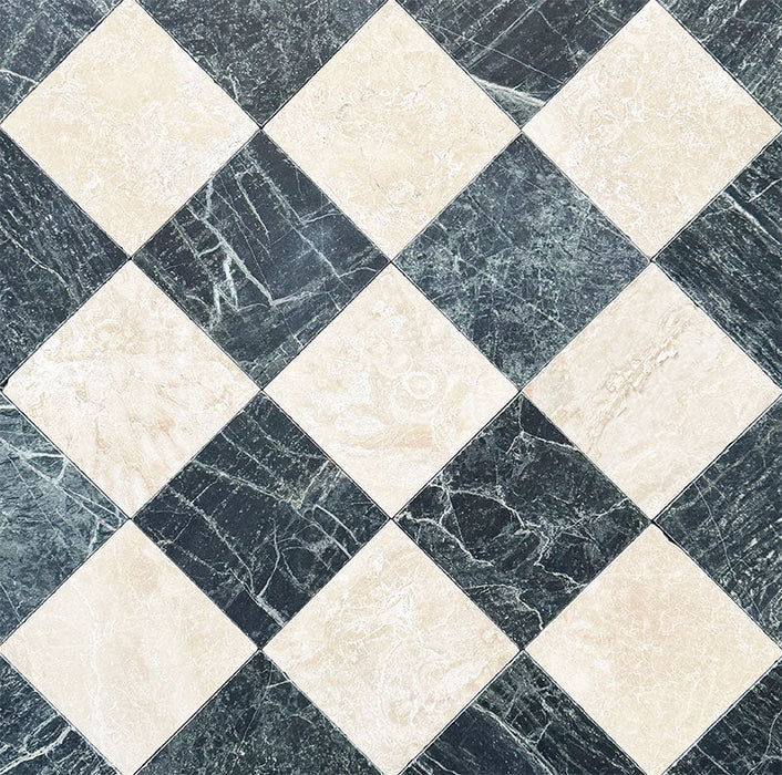 Fayrouz Verde Tumbled Finish natural marble 15.2cm x 15.2cm tiles laid in a diagonal chequerboard pattern with Fayrouz Latte Foam marble, highlighting rich natural veining, tonal variation and timeless elegance.