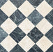 Fayrouz Verde Tumbled Finish natural marble 15.2cm x 15.2cm tiles laid in a diagonal chequerboard pattern with Fayrouz Latte Foam marble, highlighting rich natural veining, tonal variation and timeless elegance.