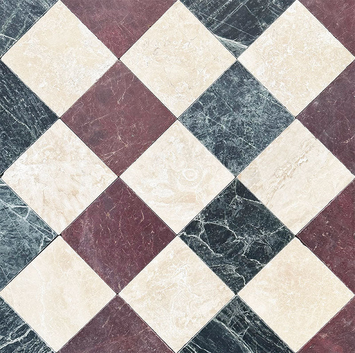 Diamond pattern featuring Fayrouz Verde Tumbled Finish Natural Marble 15.2cm x 15.2cm tiles paired with Latte Foam and Burgundy Red natural marble, creating a timeless three-colour marble floor with rich green tones and classic elegance.