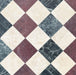 Diamond pattern featuring Fayrouz Verde Tumbled Finish Natural Marble 15.2cm x 15.2cm tiles paired with Latte Foam and Burgundy Red natural marble, creating a timeless three-colour marble floor with rich green tones and classic elegance.