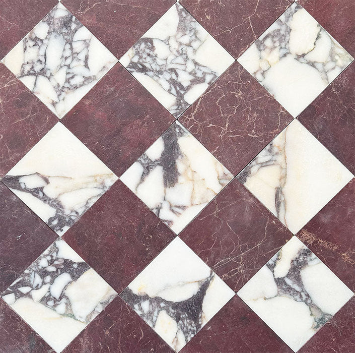 Fayrouz Viola Honed Finish natural marble 15.2cm x 15.2cm tiles laid in a diagonal chequerboard pattern with Fayrouz Burgundy Red marble, showcasing bold natural veining, rich colour contrast and luxurious character.