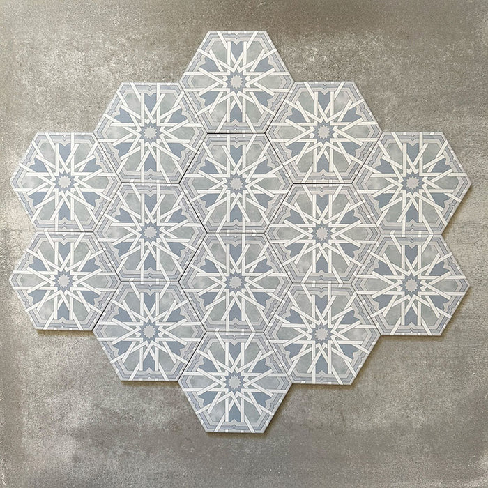 Gruppendarstellung sechseckiger Porzellanfliesen Medina Hormuz Azurblau im marokkanischen Stil (18,7 × 21,6 cm), die das vollständig wiederholende, sterninspirierten geometrische Muster in sanften Blau- und Weißtönen auf neutralem Hintergrund zeigt.