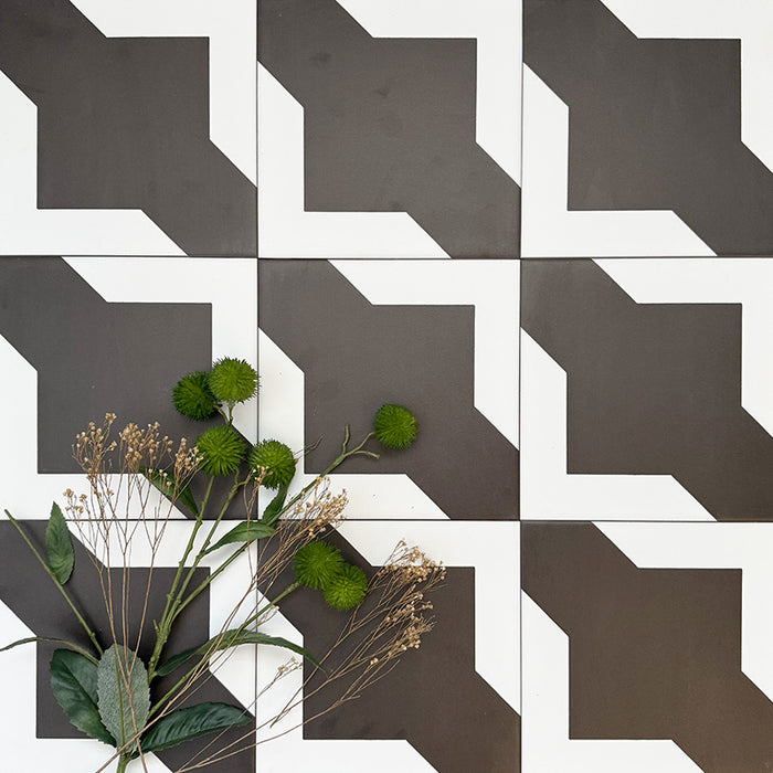 Almeria Kathedrale Feinsteinzeugfliesen im marokkanischen Stil für Wand und Boden, angeordnet in einem sich wiederholenden geometrischen Muster in Schwarz und Weiß, Format 20 × 20 cm. Mit Grünpflanzen dekoriert für eine stilvolle Präsentation.