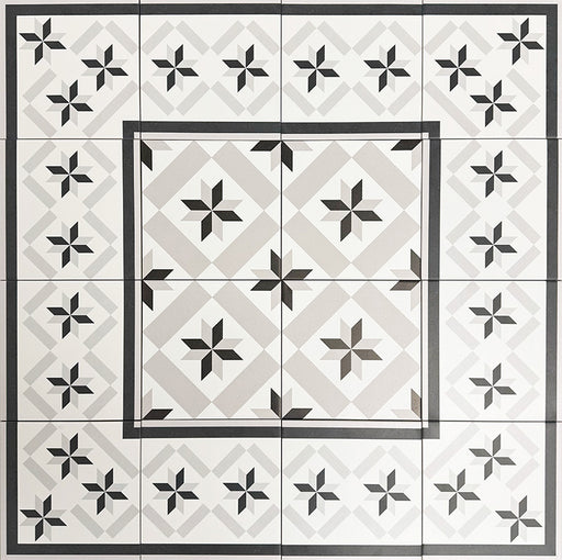 Verlegemuster mit Canterbury Stern Feinsteinzeugfliesen im viktorianischen Stil im Format 20 × 20 cm, angeordnet mit passenden Bordüren- und Eckfliesen. Das gerahmte geometrische Design mit sich wiederholenden Sternmotiven eignet sich ideal für traditionelle Flur- und Eingangsbereiche.