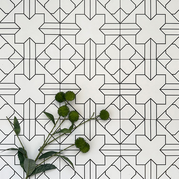 Almeira Palast Feinsteinzeugfliesen im marokkanischen Stil für Wand und Boden, angeordnet in einem sich wiederholenden geometrischen Linienmuster in Schwarz auf weißem Grund, Format 20 × 20 cm. Mit Grünpflanzen dekoriert für eine stilvolle Präsentation.