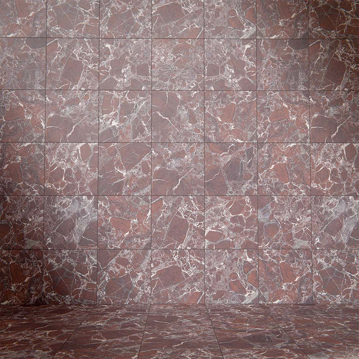 Wall and floor setting featuring Divine Levant Rouge Matt Marble effect 30 × 30cm porcelain tiles, laid in a grid layout, showcasing rich red tones, soft matt finish, and natural stone-inspired veining.