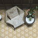 Wohnbereich mit Medina Hormuz Vintage Gold Hexagon-Porzellanfliesen im marokkanischen Stil, 18,7 × 21,6 cm, in einem markanten, sterninspirierten geometrischen Muster verlegt und mit modernen Sitzmöbeln sowie Zimmerpflanzen für einen zeitgemäßen Look gestaltet.