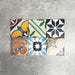 Fayrouz Mini Patchwork Feinsteinzeugfliesen im marokkanischen Stil im Format 15 × 15 cm, dargestellt als gemischtes Patchwork-Layout. Gezeigt wird eine farbenfrohe Auswahl an geometrischen und floralen Designs in Grün-, Blau-, Rosa-, Senf-, Terrakotta- und neutralen Tönen.