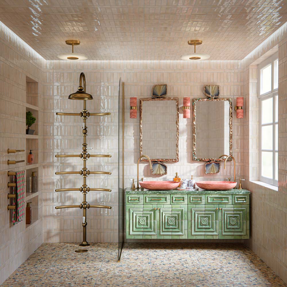 Luxury bathroom featuring Stuzzi Amber 60x60cm classical terrazzo style porcelain floor tiles with a 4D brushed finish, paired with soft blush gloss wall tiles, a sage green vanity unit, pink basins, brushed brass fittings and vintage-inspired details.