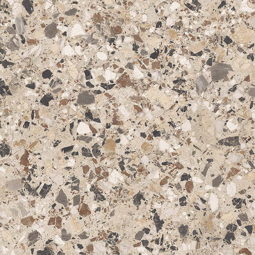 Close-up of the Stuzzi Dolmia 60x60cm terrazzo style porcelain tile, featuring a soft beige base with a blend of cream, taupe, brown, grey and charcoal stone fragments. The realistic 4D brushed finish enhances the texture and depth, creating an authentic terrazzo effect.