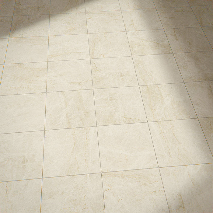 Floor setting featuring Divine Taj Mahal Matt Marble effect 30 × 30cm porcelain tiles, laid in a grid layout, showcasing soft beige tones, subtle veining, and a natural stone-inspired matt finish.
