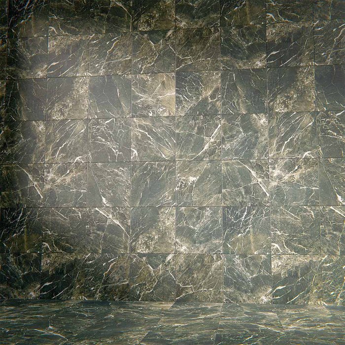 Wall and floor setting featuring Divine Verde Green Matt Marble effect 30 × 30cm porcelain tiles, laid in a grid layout, showcasing rich green tones, soft matt finish, and natural stone-inspired veining.