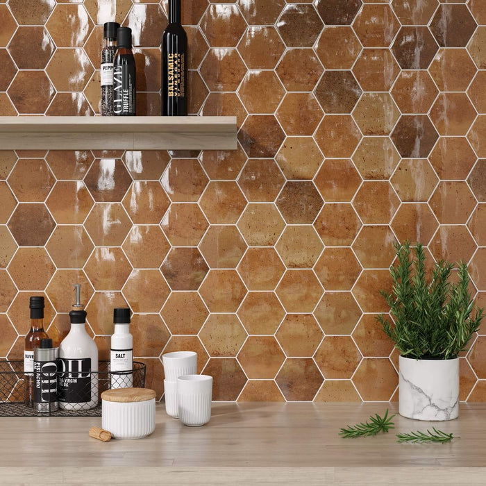 Elazar Ocker Hexagon Blank porselen vegg- og gulvflis 11,8 cm x 10,2 cm