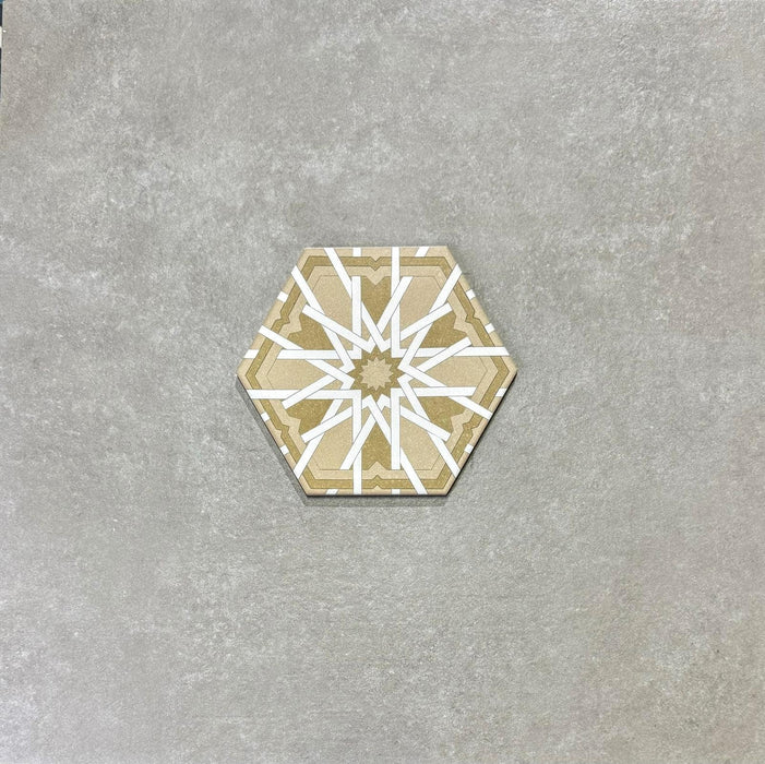 PRÓBKA CAŁEJ PŁYTKI Medina Hormuz Vintage Gold  Hexagon  Marokańska 18,7 cm x 21,6 cm