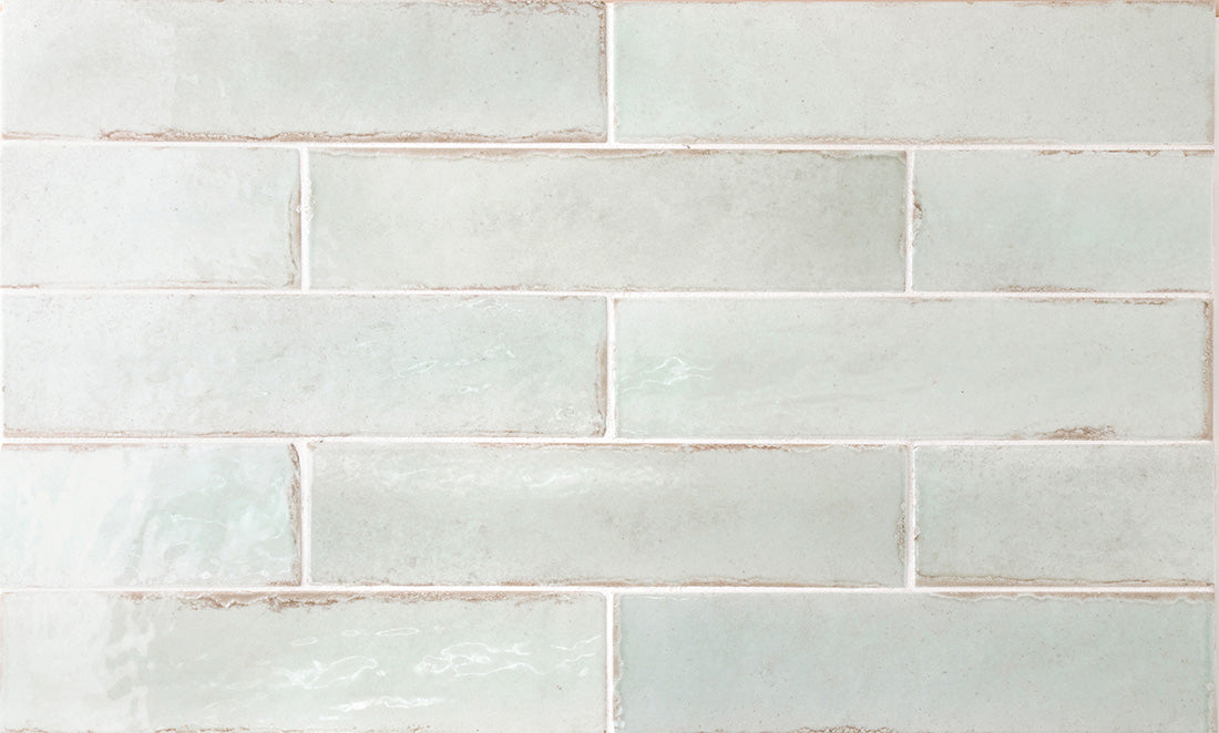 Muestra completa de azulejo Nomadin Brick verde menta estilo industrial para pared 6 cm x 24,6 cm