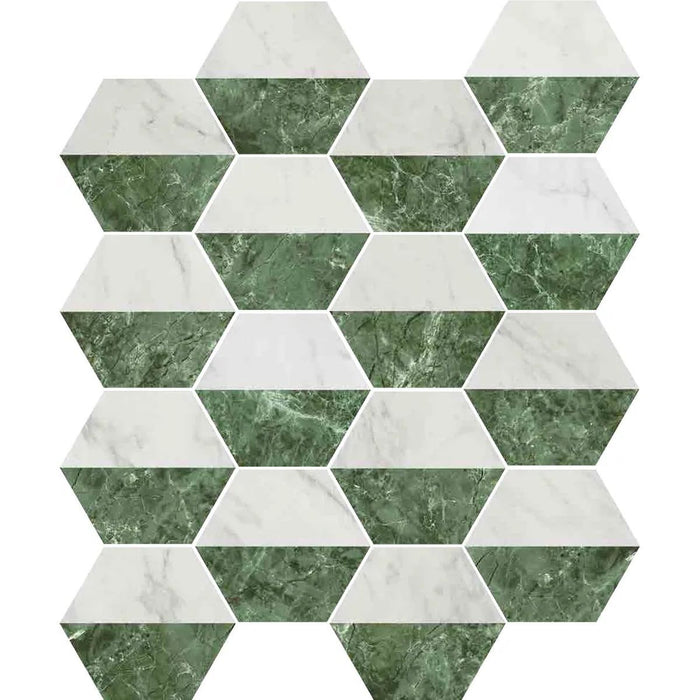 GANZE FLIESENPROBE Roma Weiß & Grün Hexagon-Wand- und Bodenfliese aus Porzellan, matt, rutschfest, 15 cm x 17,3 cm