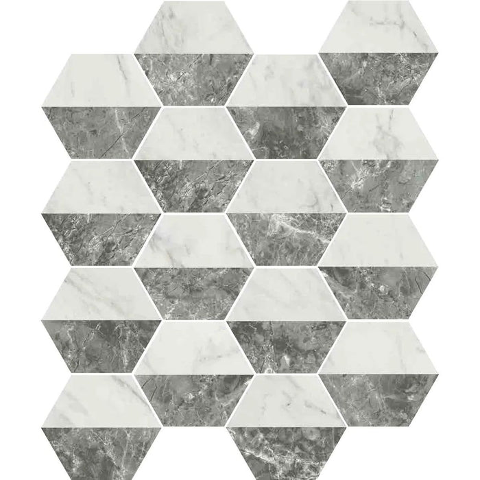 AMOSTRA INTEIRA DE AZULEJO Roma Branco & Cinza Azulejo hexagonal de parede e chão em porcelana, mate, antiderrapante, 15 cm x 17,3 cm