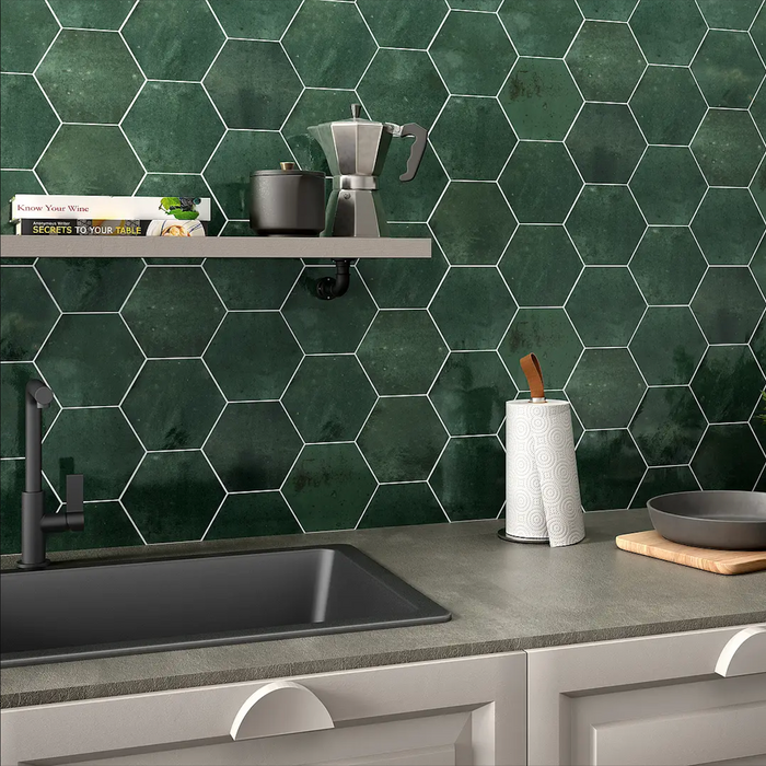 Elazar Olivgroen Hexagon Glanzende Porseleinen Wand- en Vloertegel 11,8 cm x 10,2 cm