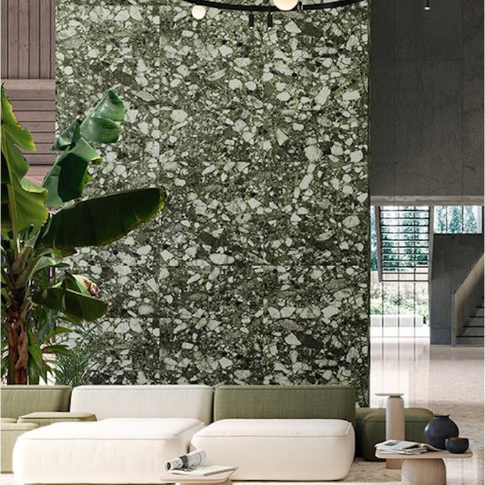 GESCHNITTENE FLIESENPROBE (Schnittstück ca. 15cm x 30cm) Venezianisch Smaragd-Grün Matt | Terrazzofliese | 60cm x 120cm
